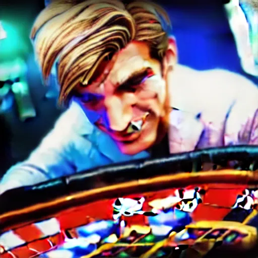 Image similar to film still of xqc gambling in Vegas, 4k, photorealism, artstation style