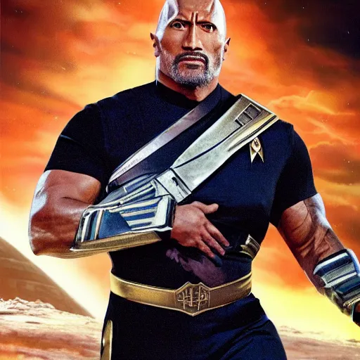 Image similar to a full body portrait of klingon dwayne johnson as a star fleet officer from star trek next generation dressed in full uniform, ultra rendered extreme realism and detail, 8 k, highly detailed, realistic, completely framed, hyper realistic, colorful, direct lighting, 3 5 mm photo, photorealistic, sharp focus