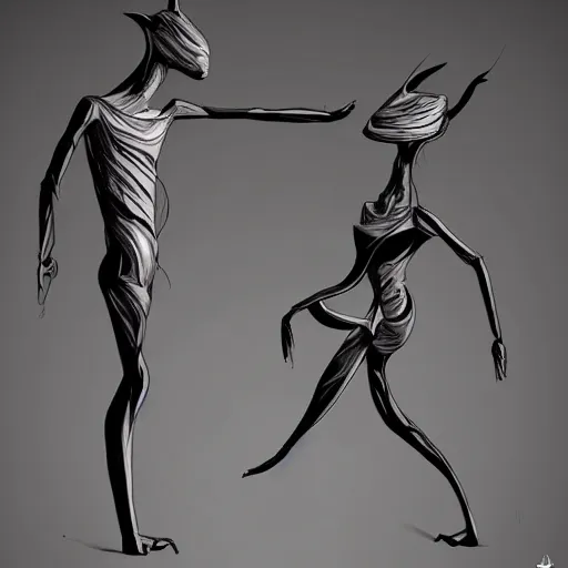 Image similar to Two elegant humanoid creatures, stuck back to back, fused at the shoulders dancing on their pointy limbs. Award-winning digital art, trending on ArtStation