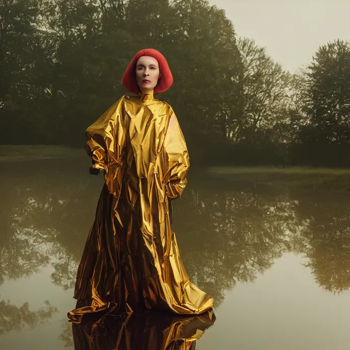 Image similar to a closeup portrait of a woman wrapped in plastic, standing next to a giant huge levitating copper orb, in a foggy pond, golden hour, color photograph, by jan van eyck, canon eos c 3 0 0, ƒ 1. 8, 3 5 mm, 8 k, medium - format print