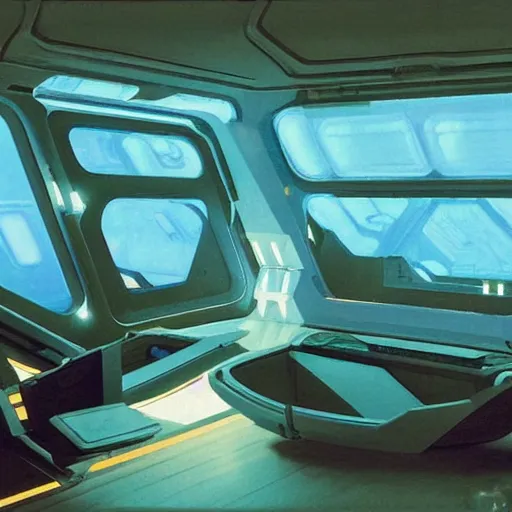 Image similar to Cozy interior of a spaceship, teal lighting, cozy lighting, space seen outside from a window, by Syd Mead, John Harris, Federico Pelat