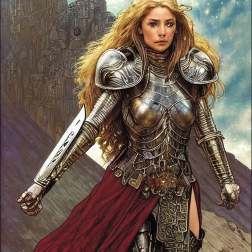 Image similar to quarter length portrait of a armored female paladin, d & d, fantasy, luis royo, magali villeneuve, donato giancola, wlop, krenz cushart, hans zatka, klimt, alphonse mucha