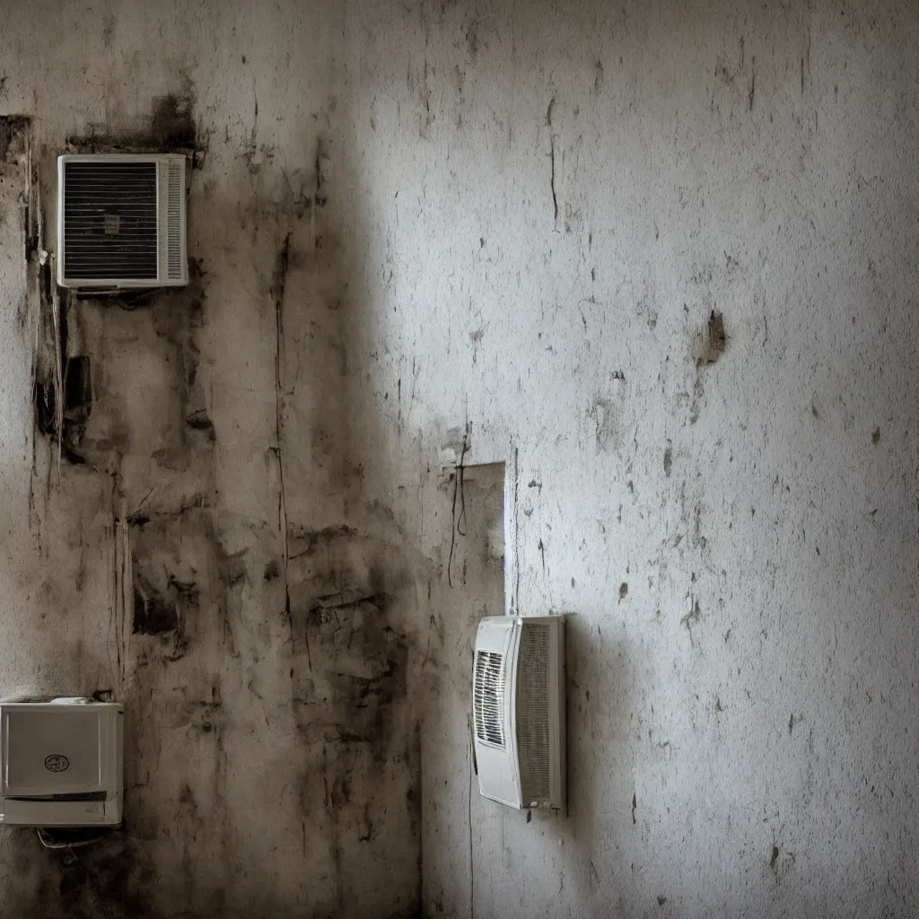 Image similar to an air conditioner above a window in a teenager's room flooding dirty water, blurred, faded, depth of field, sunny, ultra realistic, very detailed, by nadav kander, 8 k hyper realistic detailed cinematic still