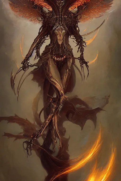 Image similar to Biomechanical Angel of Fire, beautiful, fantasy, magic, digital art by Seb Mckinnon and Peter Mohrbacher, professional illustration