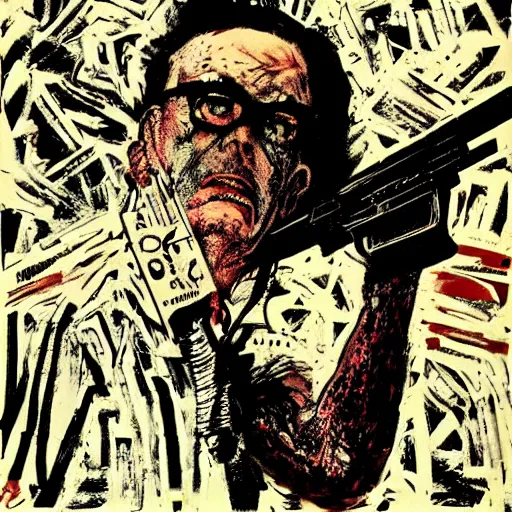 Image similar to Graphic Illustration, Creative Design, Guns, Cyberpunk, Portrait, graffiti, by Ralph Steadman, Francis Bacon, Hunter S Thompson