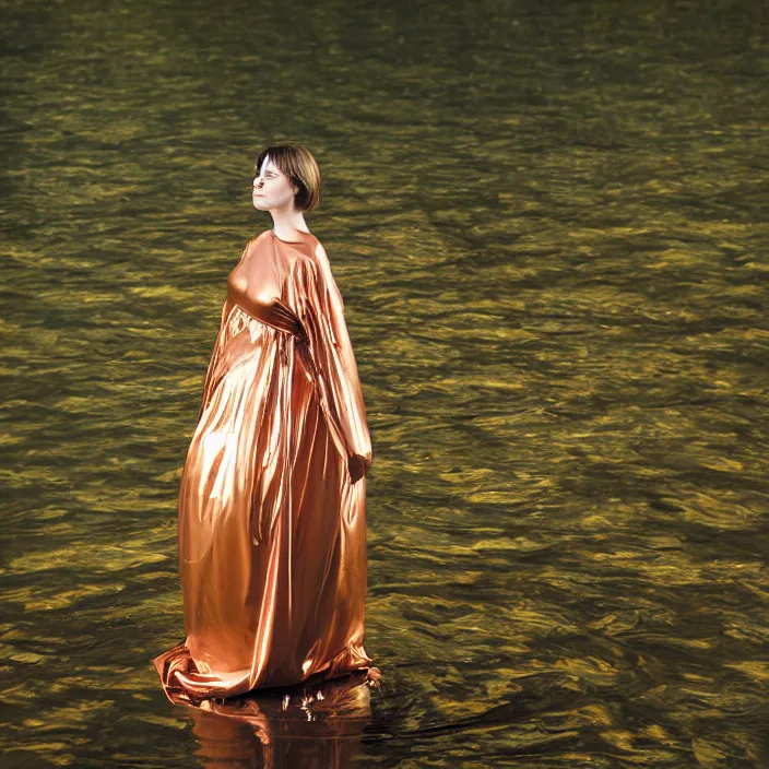 Image similar to a closeup portrait of a woman wrapped in plastic, standing next to a levitating copper orb, in a misty pond, color photograph, by vincent desiderio, canon eos c 3 0 0, ƒ 1. 8, 3 5 mm, 8 k, medium - format print