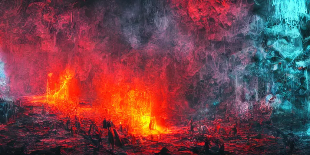 Image similar to death metal concert inside an active volcano, intricate complexity, horror, rainbow drip paint, psychedelic glitch art, trending on art station, photoreal, 8k, octane render