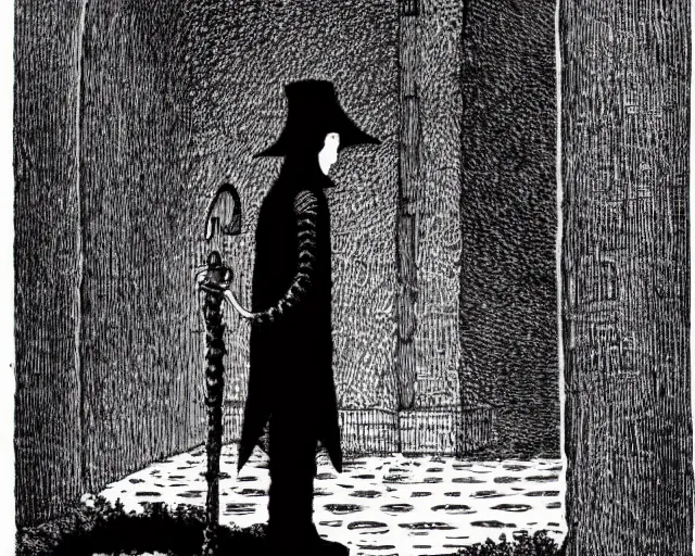 Image similar to dark mage stands before the keep of poisoned tears by edward gorey,