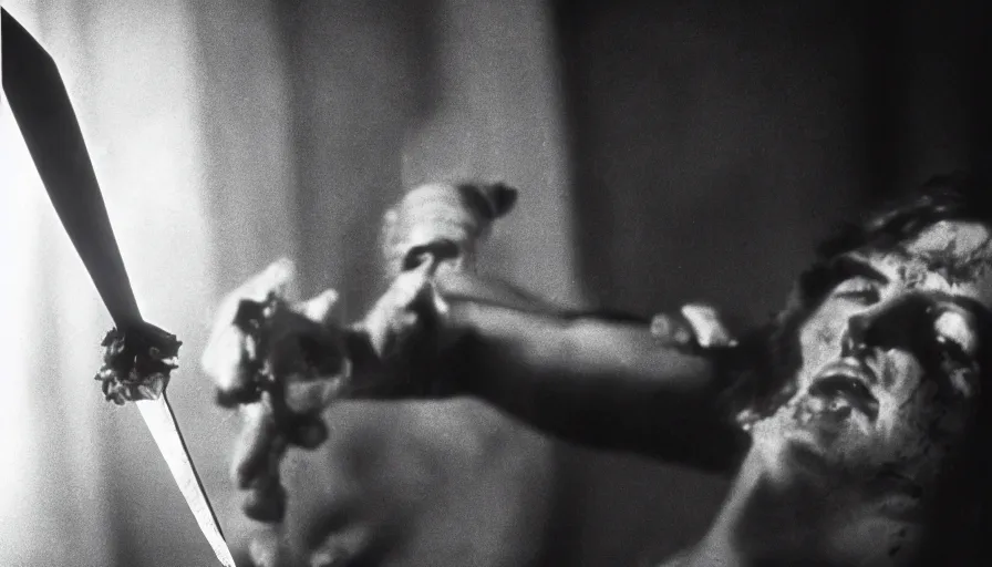 Prompt: 1 9 7 0 s movie still close - up of a man slaughtering caligula with a small dagger in a neoclassical room, cinestill 8 0 0 t 3 5 mm b & w, high quality, heavy grain, high detail, dramatic light, cinematic composition, flares, anamorphic, blood, bleeding