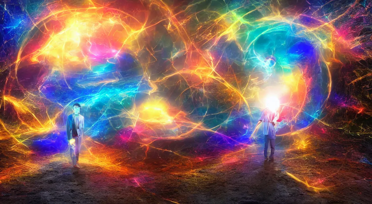 Image similar to Infinite colorful portals to alternate dimensions open before him and ripple through space time, photo realistic, dramatic lighting, windy, UHD 8K