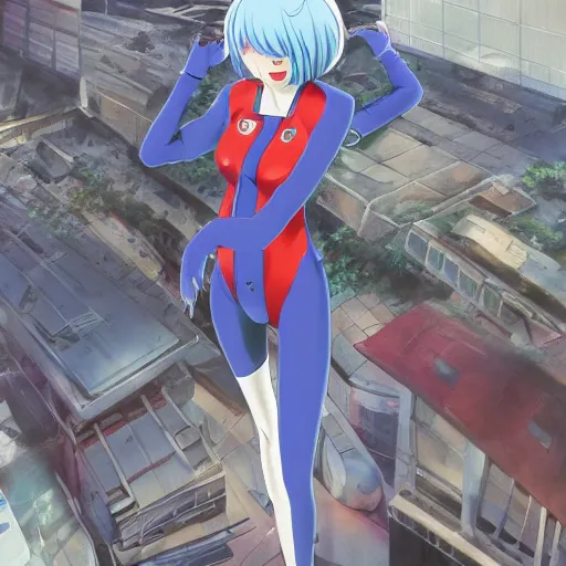 Image similar to anime art, anime fullbody shot of female rei ayanami, long blue hair and large eyes, finely detailed perfect face, in a modern skintight plugsuit, laying on a rooftop, flooded metropolis in ruins, red sea, trending on pixiv fanbox, evangelion, extremely high quality artwork by ilya kuvshinov