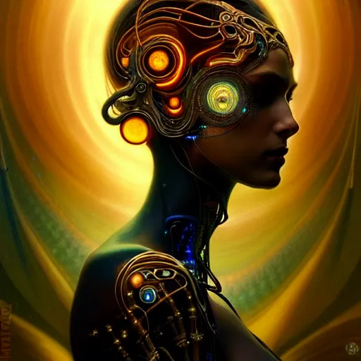 Image similar to extremely psychedelic beautiful cyborg viral goddess infected by night. intricate, elegant, highly detailed, extremely lifelike photorealistic digital painting, artstation. steichen, gaston bussiere, tom bagshaw, cyberpunk alphonse mucha. elegant minimalism. anatomically correct. sharp focus. gold, black accents. surreal lush cosmic hallucination