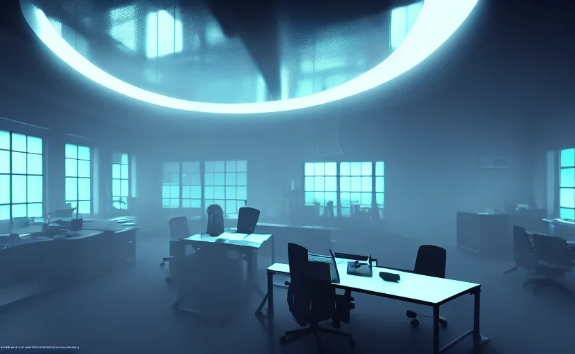 Prompt: office, horror scene, fluorescent lighting, eerie volumetric lighting, futuristic atmosphere, intricate, detailed, photorealistic imagery, artstation