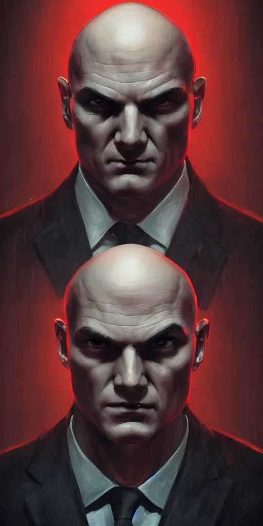 Image similar to an intricate and expressive portrait of agent 4 7 from hitman in a research lab full of clones, dark background, red rim light, highly detailed, digital art, artstation, concept art by giger stalenhag