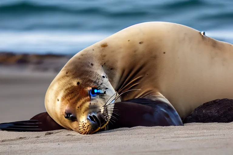 Prompt: professional photo of a sea lion body and canine wolf muzzle head half wolf half sea lion strange chimera discovered on the beach