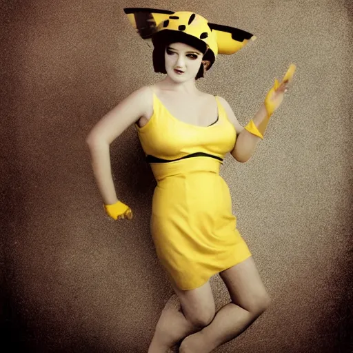 Image similar to elegant woman dressed up as pikachu, art photo in color by Annie Liebovitz and Frantisek Drtikol, digital photo, clean, sharp, smooth, glossy color photo, Nikon, Sigma art lens