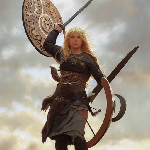 Image similar to A full view image of a viking shield maiden, with a spear and shield, at golden hour by Ruan Jia and Mandy Jurgens and Artgerm and william adolphe bouguereau, highly detailed, trending on artstation, award winning, H 768