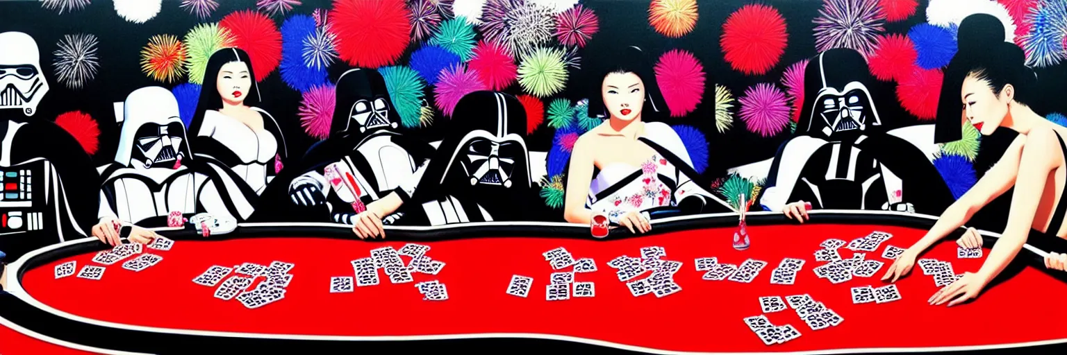 Image similar to hyperrealism composition of the detailed woman in a japanese kimono sitting at an extremely detailed poker table with darth vader and stormtrooper, fireworks on the background, pop - art style, jacky tsai style, andy warhol style, acrylic on canvas