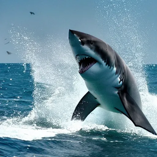 Prompt: great white shark breaching, boat motor churn, churning water, brown opaque water, anxiety, towed towards shark, found footage, oceanic, sea monster, tall waves, catching a glimpse underwater, water surface distortion