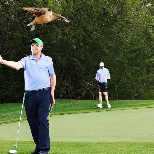 Prompt: man golfing and pointing to a bird who stole the ball, audience looking and laughing