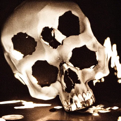 Image similar to a skull made out of broken mirrors, reflecting light in a nightclub, grainy film still