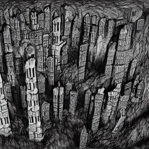 Prompt: A horrific gothic cityscape of evil tree-like towers inside a giant cave