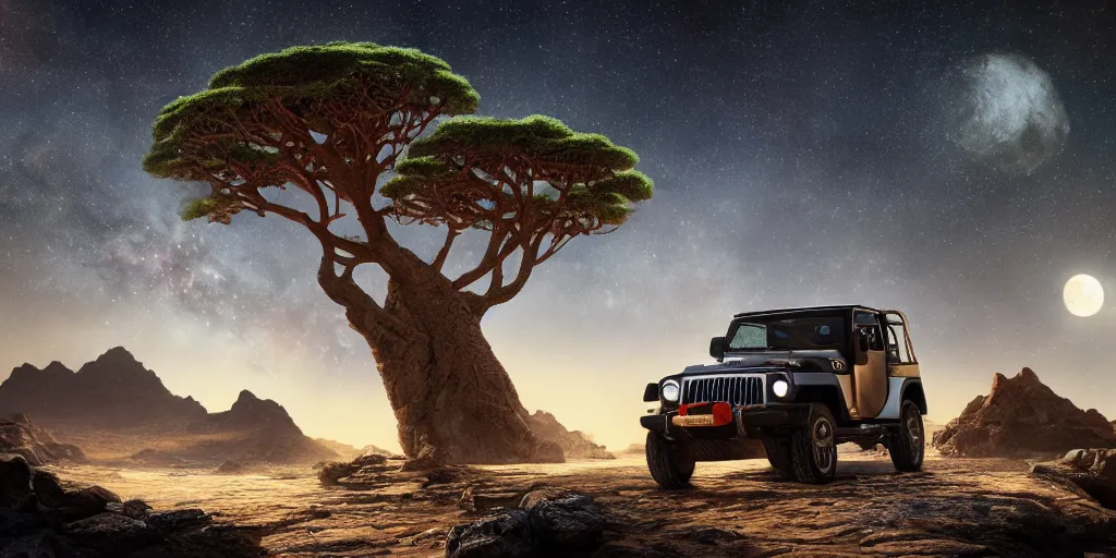 Image similar to mahindra thar at moonlit socotra island with dragon trees, starry night, sharp focus, wide shot, trending on ArtStation, masterpiece, by Greg Rutkowski, by Ross Tran, by Fenghua Zhong, octane, soft render, ultrarealistic, colorful, cinematic, shadow of the tomb rider
