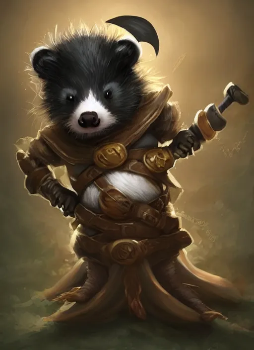 Prompt: cute little anthropomorphic skunk wizard wearing smoldereye (eyepatch), tiny, small, miniature animal, baby animal, short, pale black armor, cute and adorable, pretty, beautiful, DnD character art portrait, matte fantasy painting, DeviantArt Artstation, by Jason Felix by Steve Argyle by Tyler Jacobson by Peter Mohrbacher, cinematic lighting