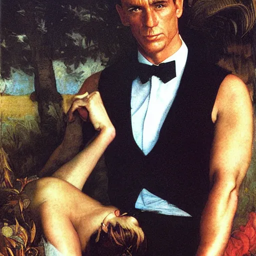 Image similar to james bond as the cover model of a synthwave romance novel, cheeky grin, by edgar maxence and caravaggio and michael whelan and delacroix