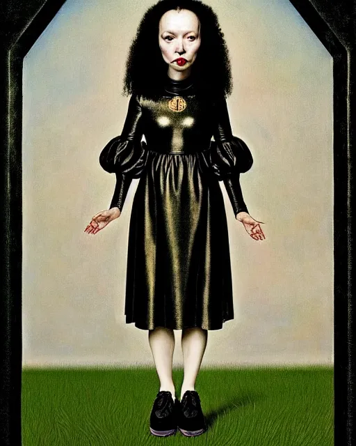 Prompt: symmetrical portrait of a woman with blue frizzy hair, wearing a black dress by alexander mcqueen and metallic platform shoes, standing in a botanical garden, cream white background, bjork aesthetic, masterpiece, in the style of rogier van der weyden and jacopo da pontormo, by mark ryden, punk, asian art