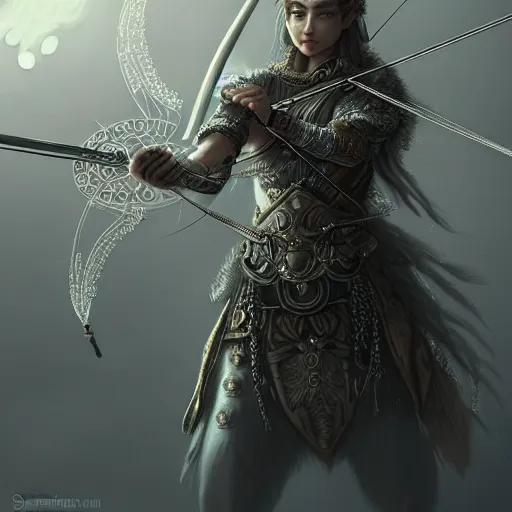Prompt: beautiful extremely detailed intricate concept art depicting an archer by sakimichan. shining jewelry. grey atmosphere. particles in the background. bcy. net