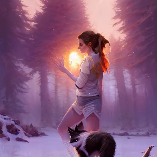 Image similar to unreal engine render of emma watson in a minnesota timberwolves uniform, fantasy art by greg rutkowski, loish, rhads, ferdinand knab, makoto shinkai and lois van baarle, ilya kuvshinov, rossdraws, tom bagshaw, global illumination, radiant light, detailed and intricate environment