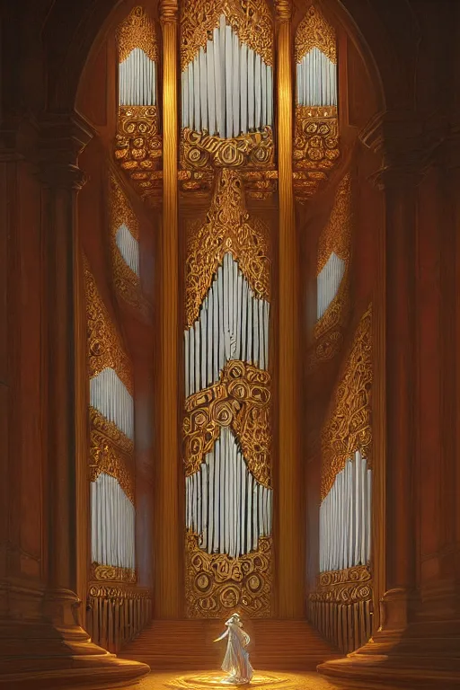 Prompt: painting of a pipe organ in front of a dimensional portal, decorated, intricate, elegant, highly detailed, digital painting, artstation, concept art, smooth, sharp focus, illustration, art by artgerm and greg rutkowski and alphonse mucha, 8 k