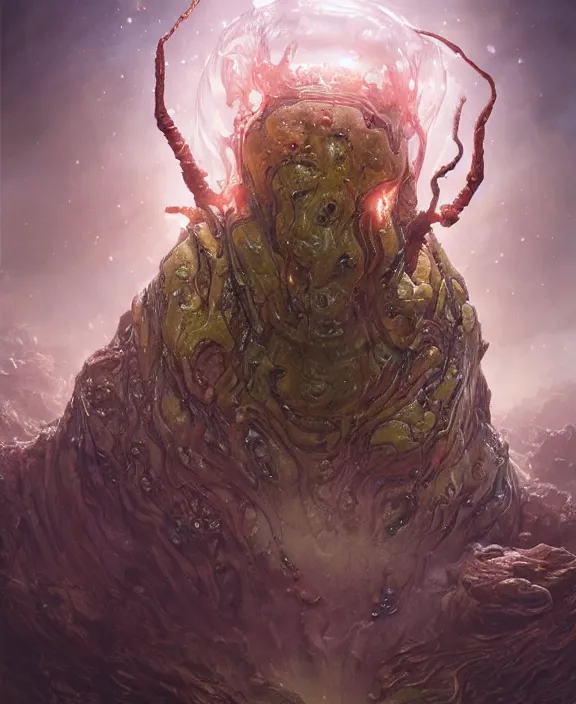 Prompt: portrait of a shining slime dripping predatory insect alien monster, slime, muscles, rippling slime, milky way environment, ultra realistic, concept art, intricate details, eerie, highly detailed, photorealistic, octane render, 8 k, unreal engine. art by artgerm and greg rutkowski and alphonse mucha