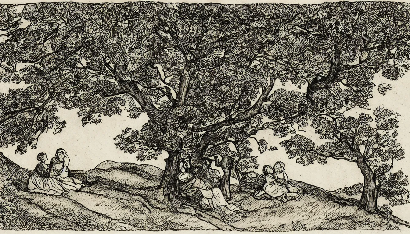 Image similar to a couple sits together on a large hill while wind blows the trees, pen and ink, 1 5 0 0 s, 8 k resolution