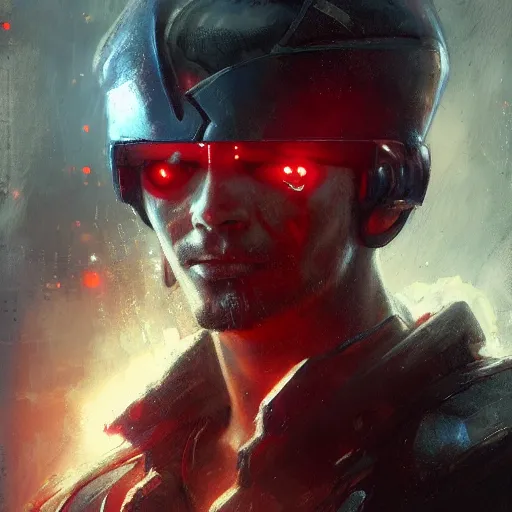 Prompt: a futuristic cyberpunk pirate with a glowing red eyepatch, upper body, sharp details, dystopian mood, sci-fi character portrait by gaston bussiere, craig mullins