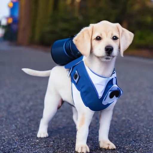 Prompt: a cute puppy wearing a doctor, dog cosplay, Canon EOS R3, f/1.4, ISO 200, 1/160s, 8K, RAW, unedited, symmetrical balance, in-frame