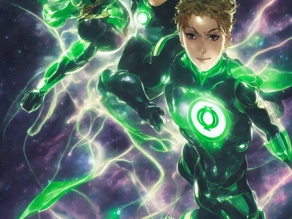 Image similar to anime key visual of one beautiful female green lantern, dc comics, power, hope, glowing, intricate, in space, stunning, highly detailed, digital painting, artstation, smooth, hard focus, illustration, art by artgerm and greg rutkowski and alphonse mucha