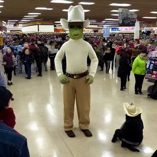 Image similar to local news roadside interview, an 8 foot tall prairie dog human cryptid creature wearing a white cowboy hat standing in the middle of a huge crowd inside a black friday sale in a busy store