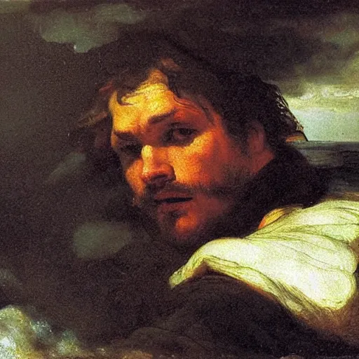 Prompt: closeup of a single man on a boat who is amazed by the beauty of a huge storm in the middle of the sea that is about to absorb him and end his life, painting by gustave courbet, high detail, claude joseph vernet, rembrandt, museum painting, masterpiece