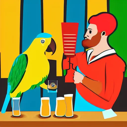 Image similar to Colorful illustration of Two humanoid parrot bartender behind bar. One of them is pouring a beer. Digital art