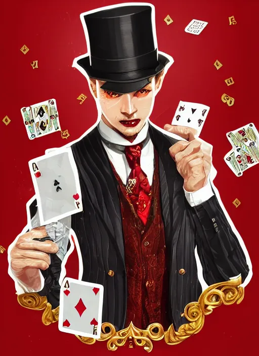 Prompt: a highly detailed illustration of stylish top hat wearing red haired attractive man, wearing suit vest, flashy pose, playing card background, intricate, elegant, highly detailed, centered, digital painting, artstation, concept art, smooth, sharp focus, league of legends concept art, WLOP