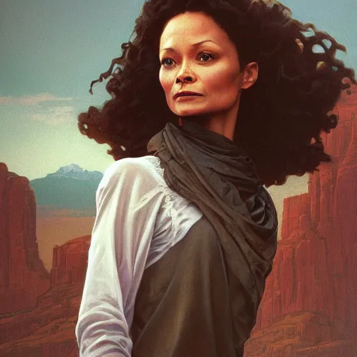 Prompt: a stunning closeup portrait painting of thandie newton, contemplative, hybrid oil painting, high fashion, western dress, scenic mountain vista blown out background, art by jeremy pitkin, alphonse mucha, greg rutkowski, tim hildebrandt, boris vallejo, artgerm