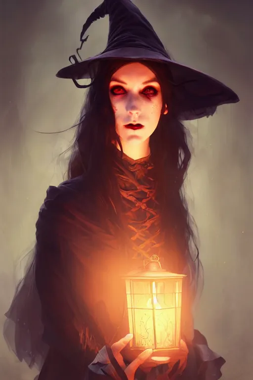 Prompt: portrait of a ghoulish victorian witch dark cheekbones holding a lantern, halloween night, charlie bowater, artgerm, ilya kuvshinov, krenz cushart, ruan jia, realism, ultra detailed, 8 k resolution