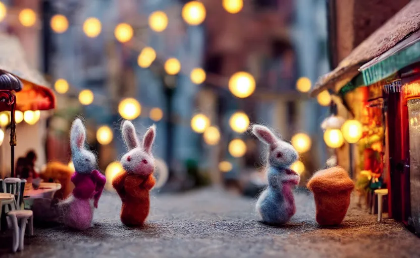 Image similar to miniature cafe diorama, macro photography, cafe with felted bunnies on a date, alleyway, ambient, atmospheric, british, cozy, bokeh, romantic, colorful lanterns