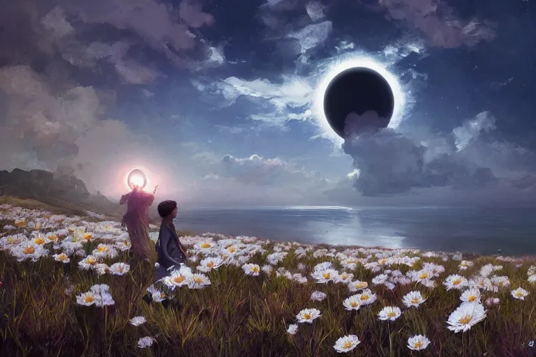 Image similar to giant white daisy flowers blooming over face, girl standing on cliff, surreal photography, solar eclipse, milky way, dramatic light, impressionist painting, clouds, digital painting, artstation, james gilleard, liam wong, jeremy mann, simon stalenhag