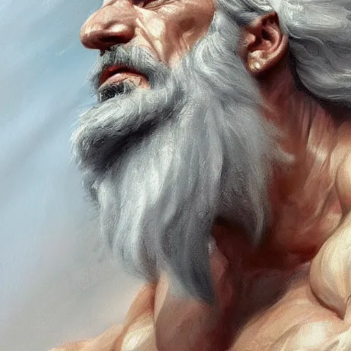 Image similar to painted portrait of rugged zeus, greek god, white hair, masculine, mature, handsome, upper body, muscular, hairy torso, fantasy, intricate, elegant, highly detailed, digital painting, artstation, concept art, smooth, sharp focus, illustration, art by gaston bussiere