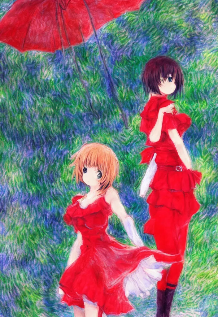 Prompt: medium shot portrait, a cute red outfit, tokyo anime scener, very anime in impressionist style, anime trending artwork, anime painter studio, by claude monet