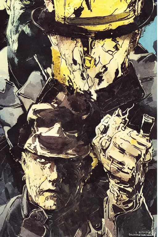 Image similar to Rorschach and The Comedian aka Edward Morgan Blake from the movie Watchmen painted by Norman Rockwell, Greg Rutkowski and Dave Gibbons, Sadamoto Yoshiyuki, Yoki Shinkawa, high detailed perfect faces, trending on Artstation, page scan from book, watchmen comics color scheme, noisy film grain effect, super wide shot, 30mm, intricate, fine details, trending on artstation,