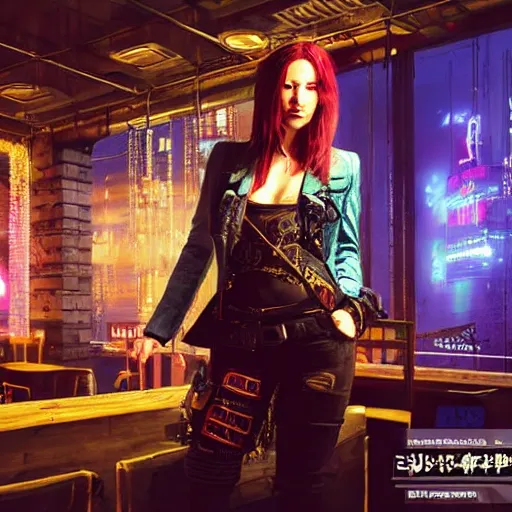 Image similar to a high quality portrait of a beautiful pirate in a cyberpunk cyberpunk cyberpunk cafe, realism, 8k, award winning photo